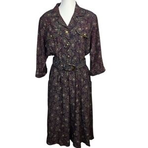 Vintage S.L.‎ Petites Dress Womens 12 Purple Paisley Belted Midi Pockets 80s USA